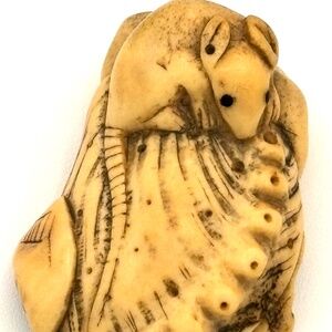 Meiji Era Bone Netsuke Featuring a Rat and Abalone Shell